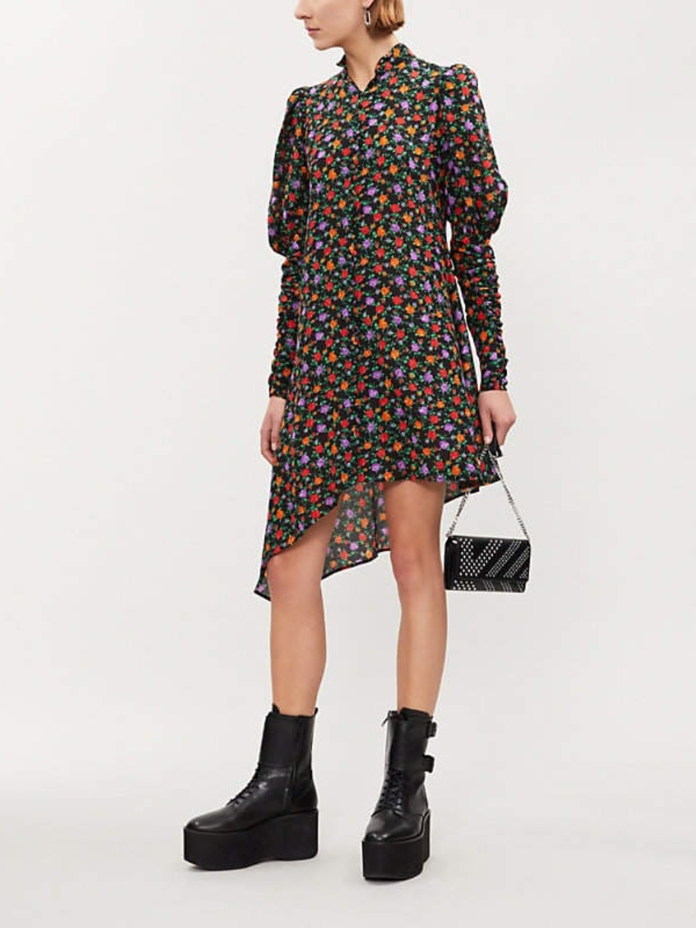The Kooples Black Floral Asymmetric Long-Sleeve Mini Dress
